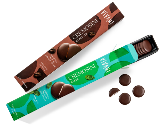 Delicate confectionery thins made from the finest VIVANI dark chocolate, filled with a core of peppermint or espresso cream.