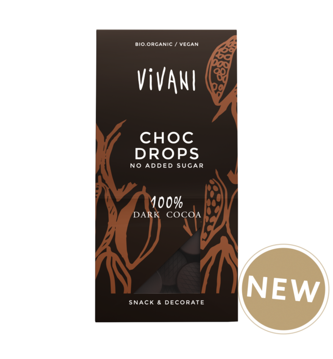 Dark Choc drops with 100 percent cocoa content and no added sugar.