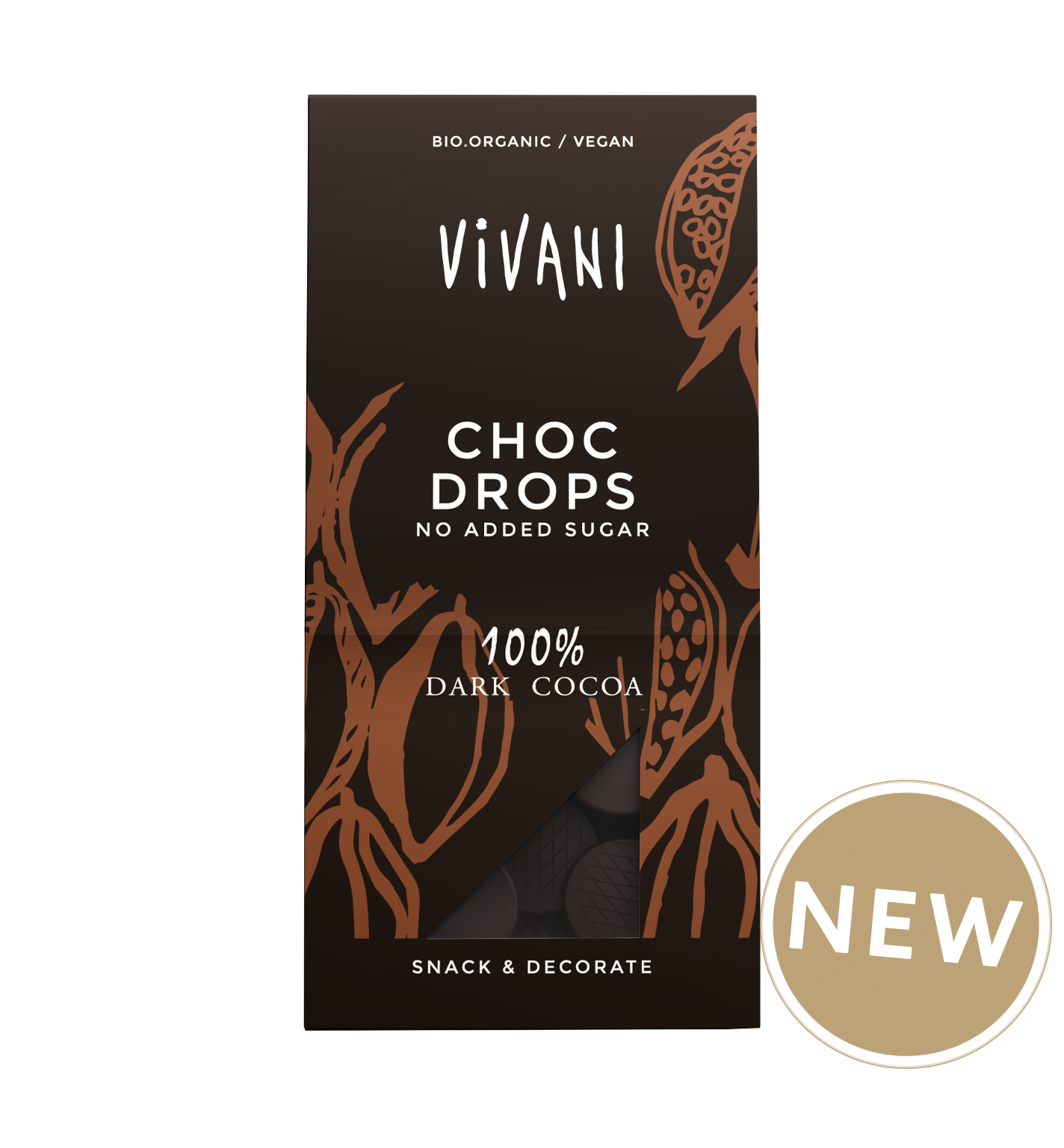 Dark Choc drops with 100 percent cocoa content and no added sugar.