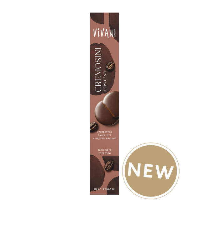 Thin Chocolate drops ‘Cremosini’ with espresso filling made by VIVANI organic chocolate.