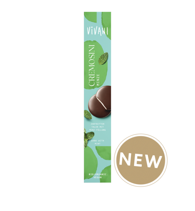 Thin chocolate drops ‘Cremosini’ with peppermint filling made by VIVANI organic chocolate.