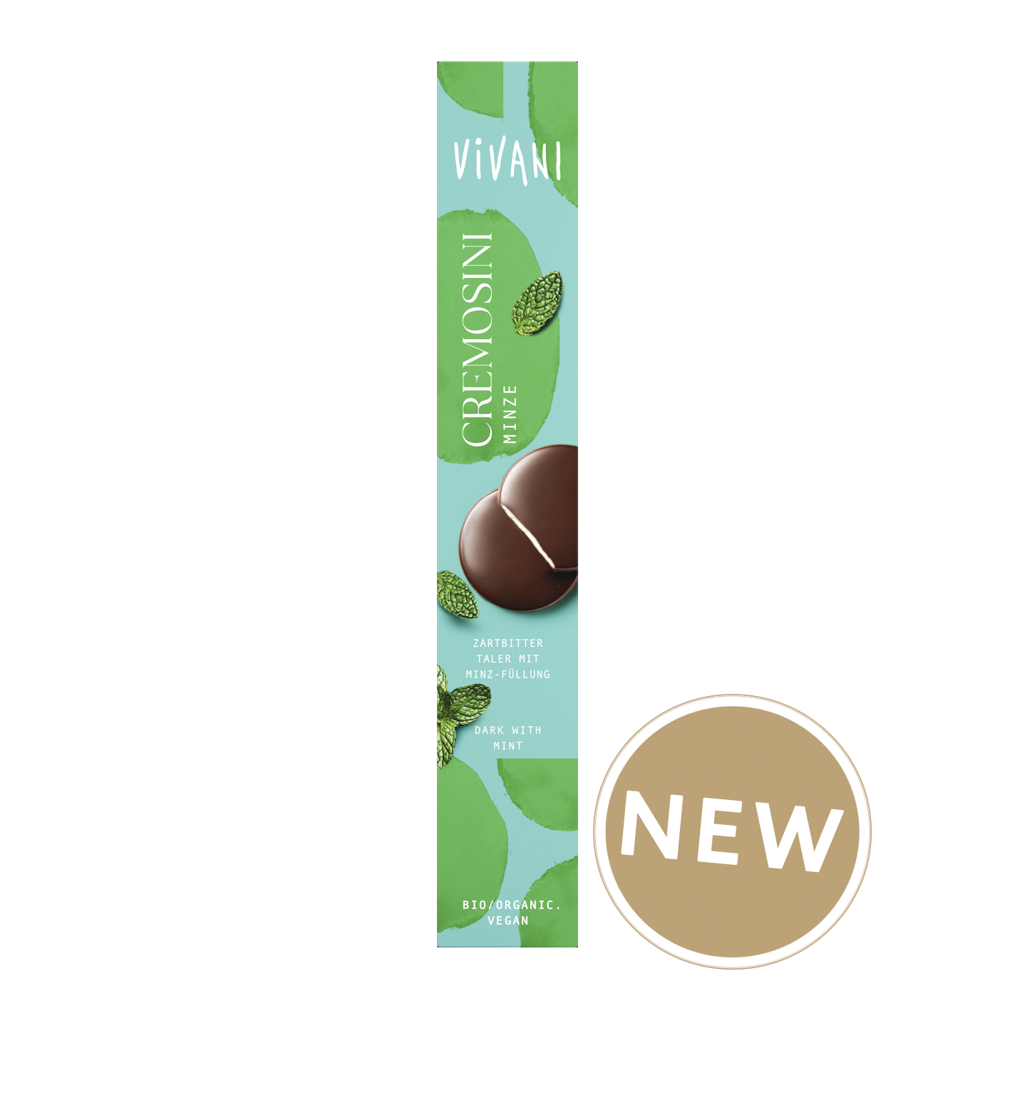 Thin chocolate drops ‘Cremosini’ with peppermint filling made by VIVANI organic chocolate.