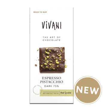 The vegan an organic chocolate bar Espresso Pistacchio by VIVANI.