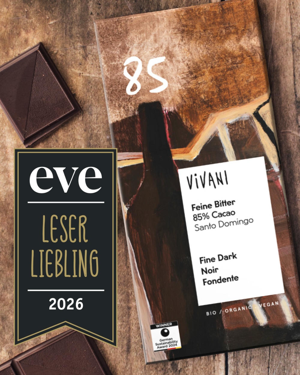 VIVANI Feine Bitter 85 % erhält Leserpreis eve Leserliebling 2026 des eve Magazins aus dem Biomarkt