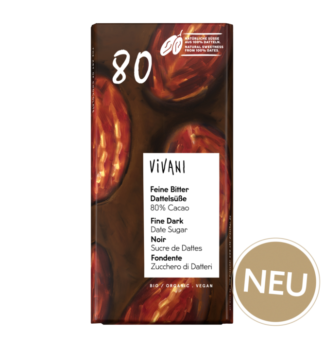 Die Sorte Feine Bitter Dattelsüße mit 80 % Cacao und ohne Zuckerzusatz von VIVANI Bio-Schokolade.