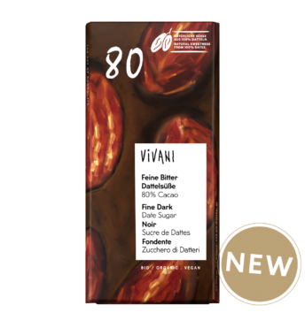 The Fine Dark Date Sugar variety with 80% cocoa and no added sugar from VIVANI Organic Chocolate.