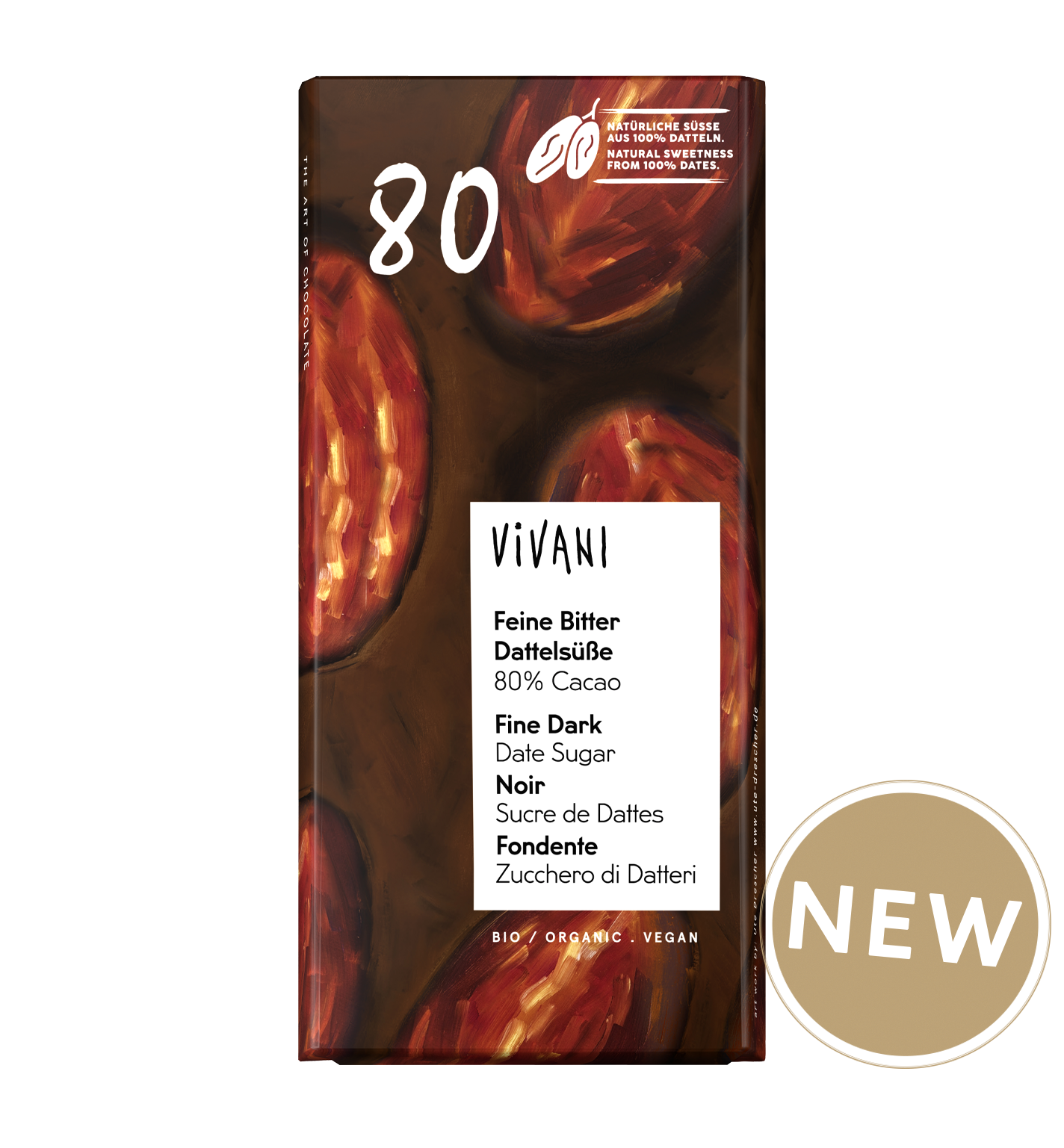 The Fine Dark Date Sugar variety with 80% cocoa and no added sugar from VIVANI Organic Chocolate.