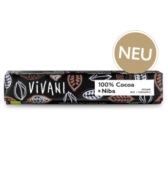 100-prozent-cacao-plus-nibs-schokoriegel-bio-vivani-neu Der Riegel Edel Bitter 100 % Cacao + Nibs von VIVANI Bio-Schokolade.