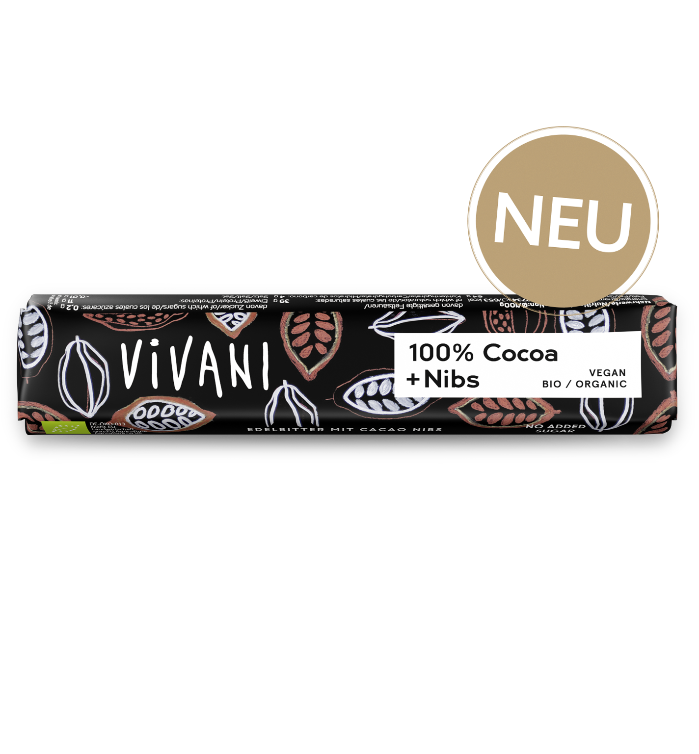 Der Riegel Edel Bitter 100 % Cacao + Nibs von VIVANI Bio-Schokolade.