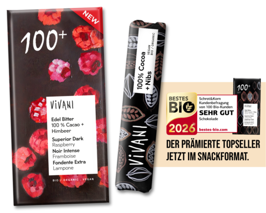 Neu im Herbst 2026: VIVANI Bioschokoladen mit 100 % Kakao und Himbeer oder Kakaonibs