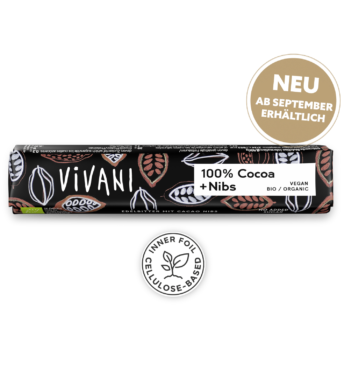 vivani-bioschokolade-Schoko-Riegel-100-cocoa-+Nibs-neu-ab-september Der Riegel Edel Bitter 100 % Cacao + Nibs von VIVANI Bio-Schokolade.