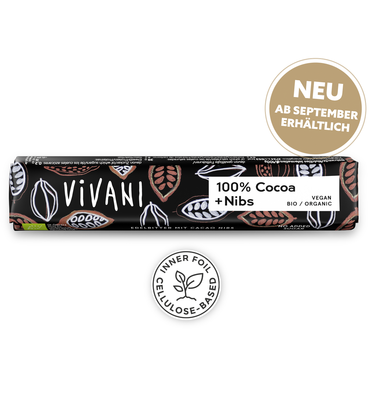 Der Riegel Edel Bitter 100 % Cacao + Nibs von VIVANI Bio-Schokolade.