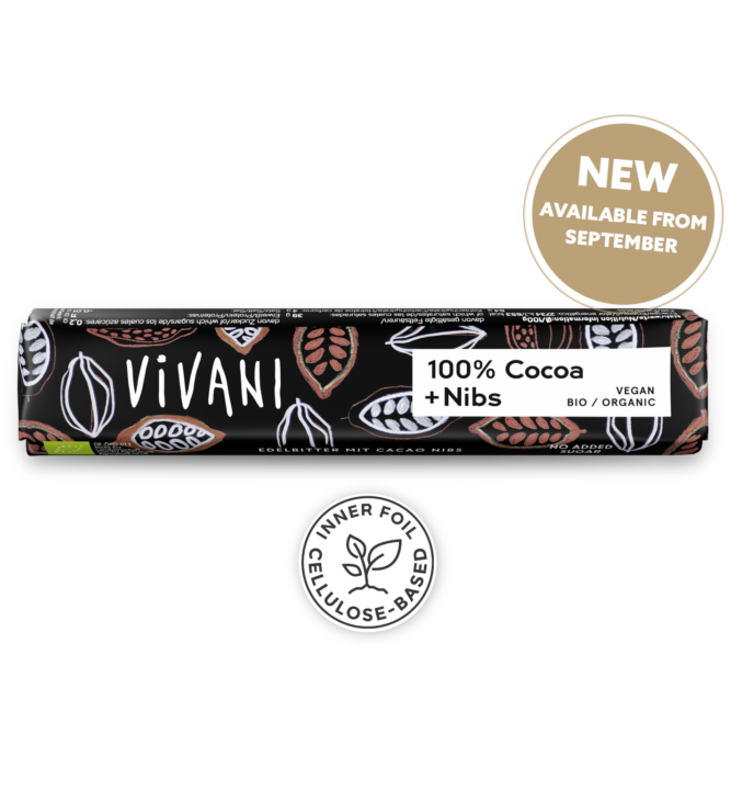 The Superior Dark 100 % cocoa + cocoa nibs snack bar by VIVANI organic chocolate.