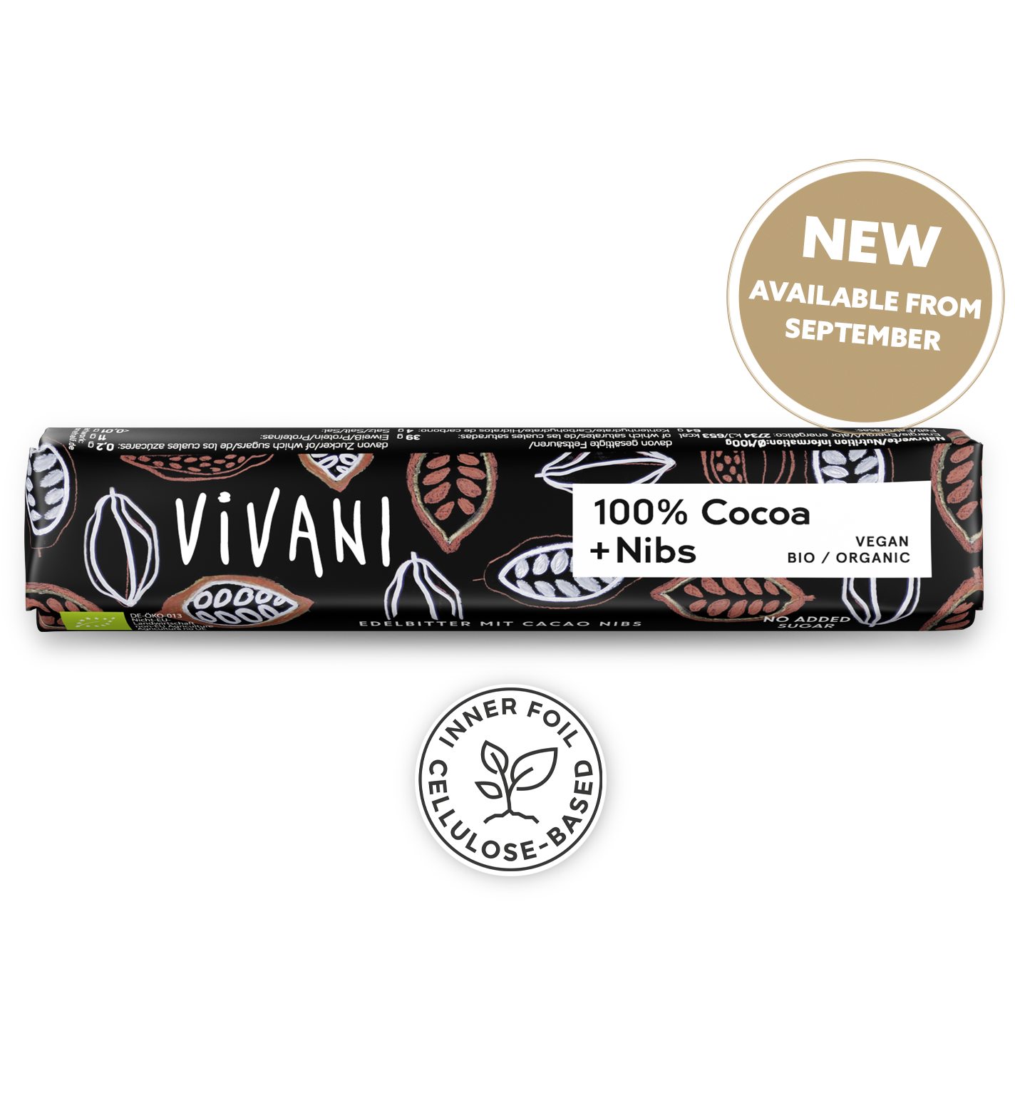 The Superior Dark 100 % cocoa + cocoa nibs snack bar by VIVANI organic chocolate.
