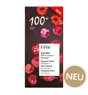 vivani-bioschokolade-edel-bitter-100-cacao-himbeer-neu Die Tafel Edel Bitter 100 % Cacao + Himbeer von VIVANI Bio-Schokolade.