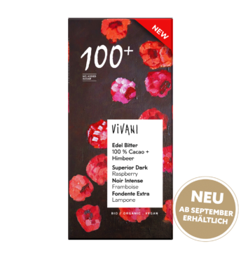 Die Tafel Edel Bitter 100 % Cacao + Himbeer von VIVANI Bio-Schokolade.