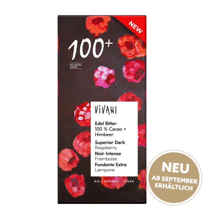 vivani-bioschokolade-edel-bitter-100-cacao-+himbeer-neu-ab-september Die Tafel Edel Bitter 100 % Cacao + Himbeer von VIVANI Bio-Schokolade.
