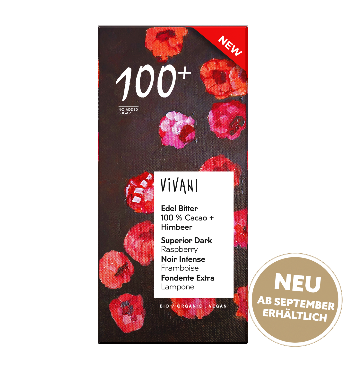 Die Tafel Edel Bitter 100 % Cacao + Himbeer von VIVANI Bio-Schokolade.