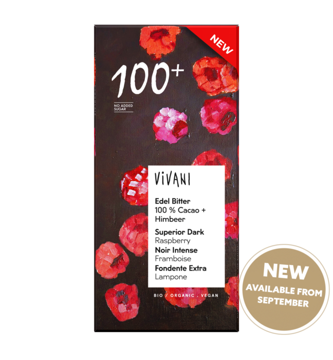 The Superior Dark Raspberry bar with 100 % cocoa content by VIVANI organic chocolate.